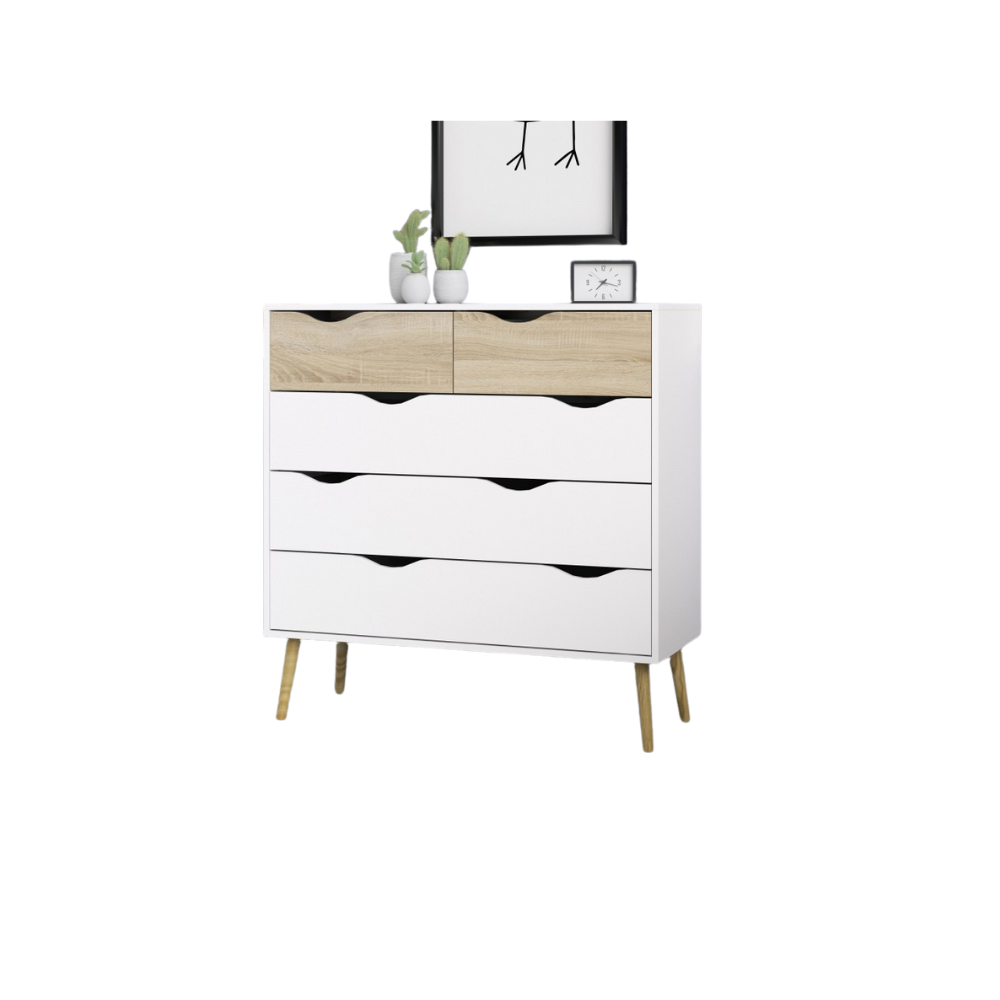 Cassettiera 5 cassetti laccato bianco e rovere – Gambe in legno